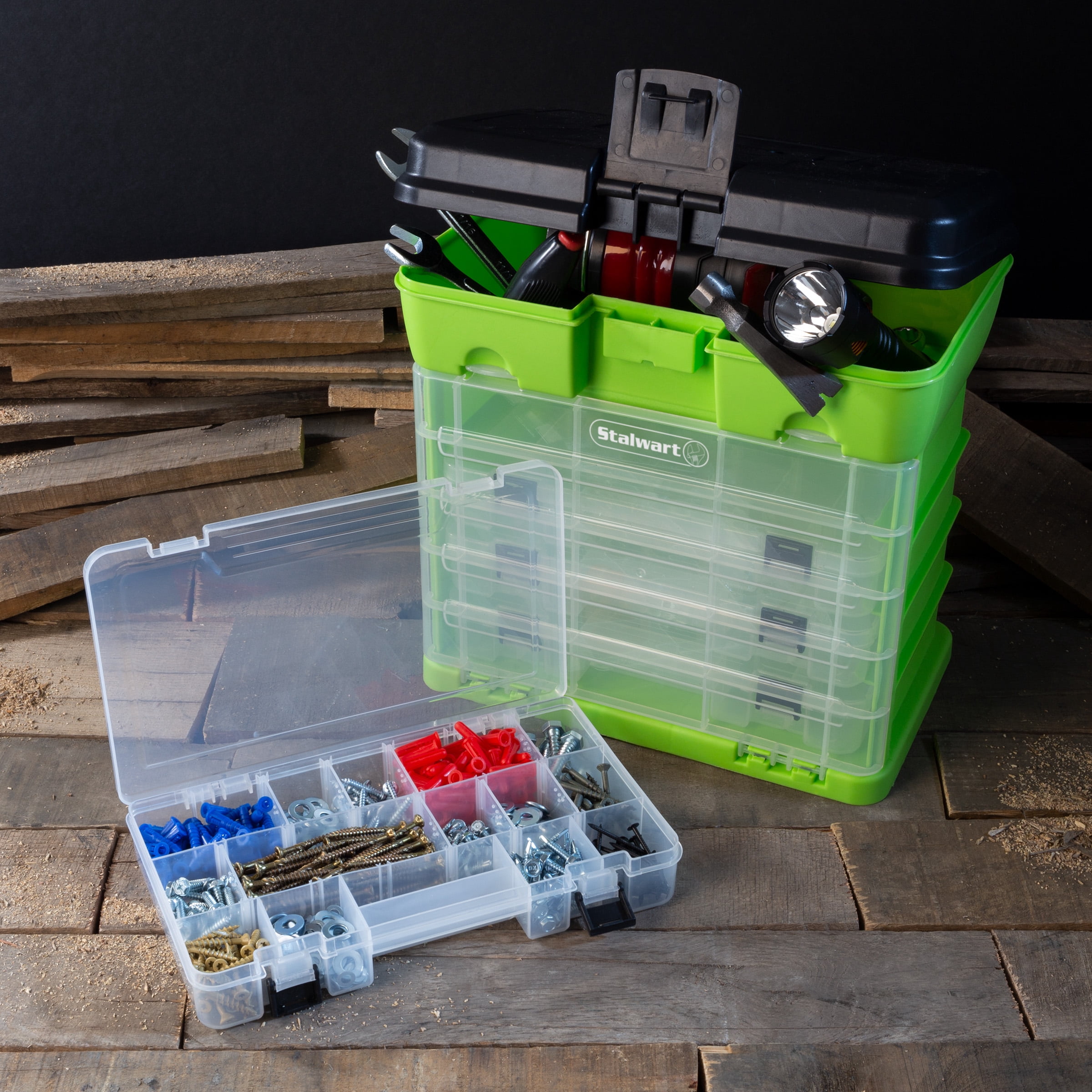 Stalwart Small Part Organizer Toolbox for Hardware, Tackle or Crafts, Green