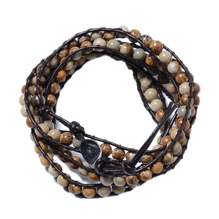 Brown Beaded Stretch Bracelet Shop LC Delivering Joy Handmade Leather Picture Jasper Wrap Beaded Bracelet for Women Adjustable 7