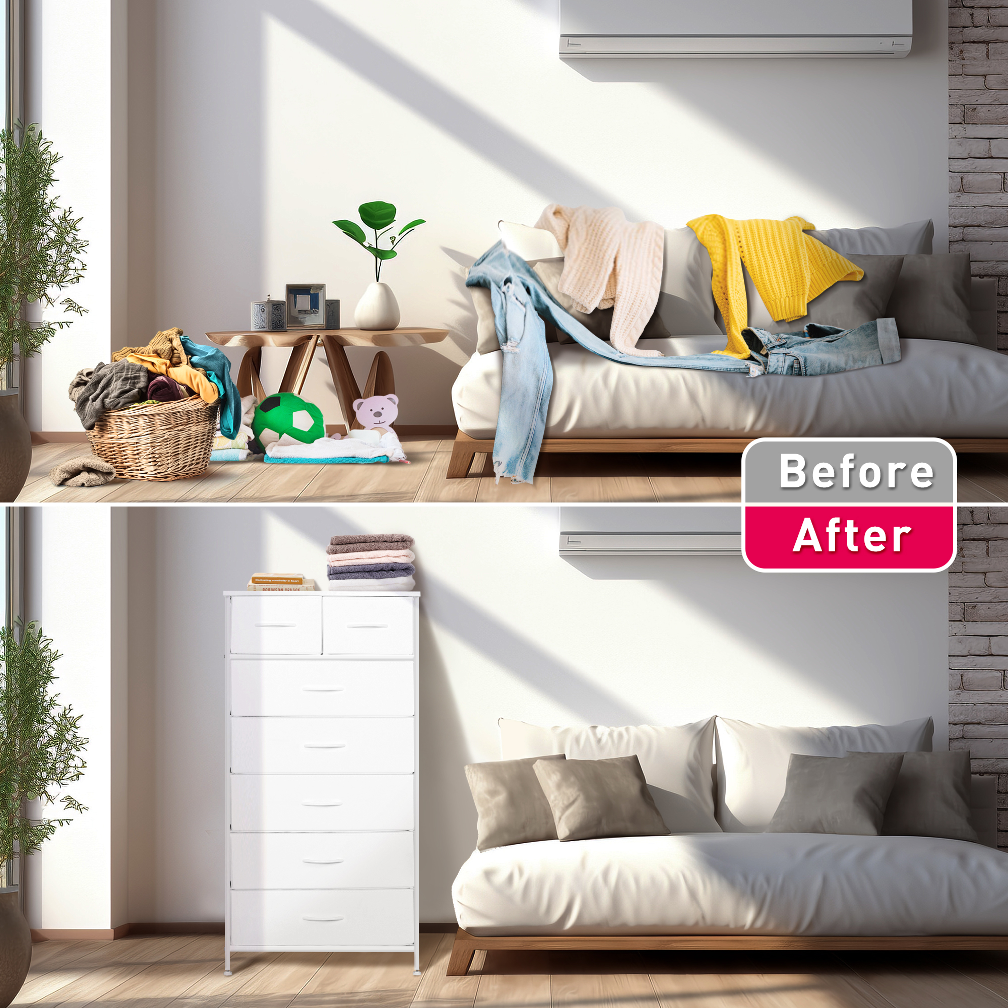 Tall Dresser with 7 Drawers for Bedroom, 5+2 Vertical Storage Organizer Tower, Chest of Drawers with Fabric Bins, Steel Frame, Handle, Wood Top for Home Living Room, Closet, Entryway - White