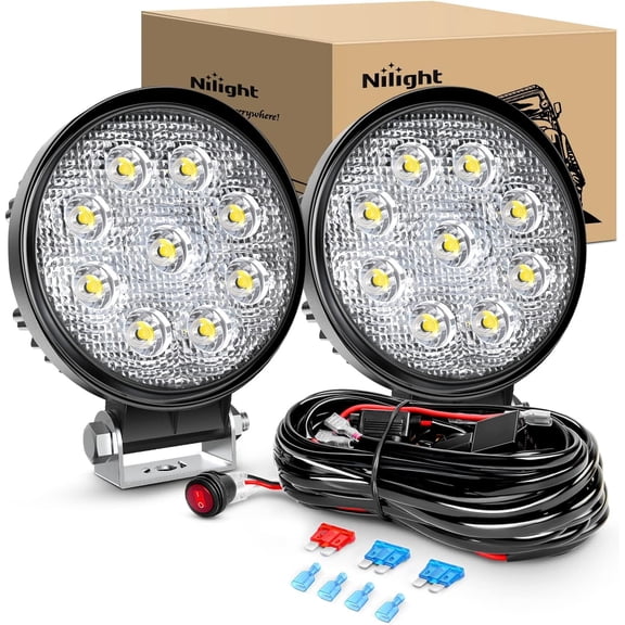 Nilight 2Pcs 27W Round Flood Driving Lamp Waterproof Jeep Off Road Fog Lights with Off Road Wiring Harness- 2 Leads