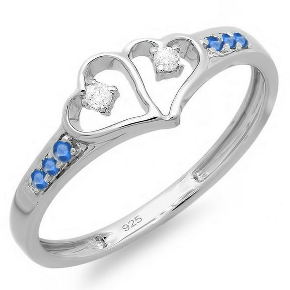 Dazzlingrock Collection Sterling Silver Round White Diamond & Blue Sapphire Ladies Promise Double Heart Love Ring, Size 5.5