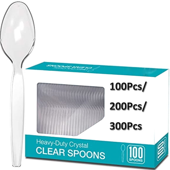 [100 Pack]  Clear Plastic Spoons Disposable Basic Plastic Spoons - Clear Spoons Heavy Duty Disposable Plastic Spoons for Parties Weddings Restaurant