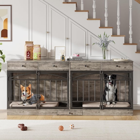 Double Dog Crate Furniture - Indoor Kennel for 2 Dogs with 4 Storage Drawers - Feeding Bowls Included - Media Console Style - Gray