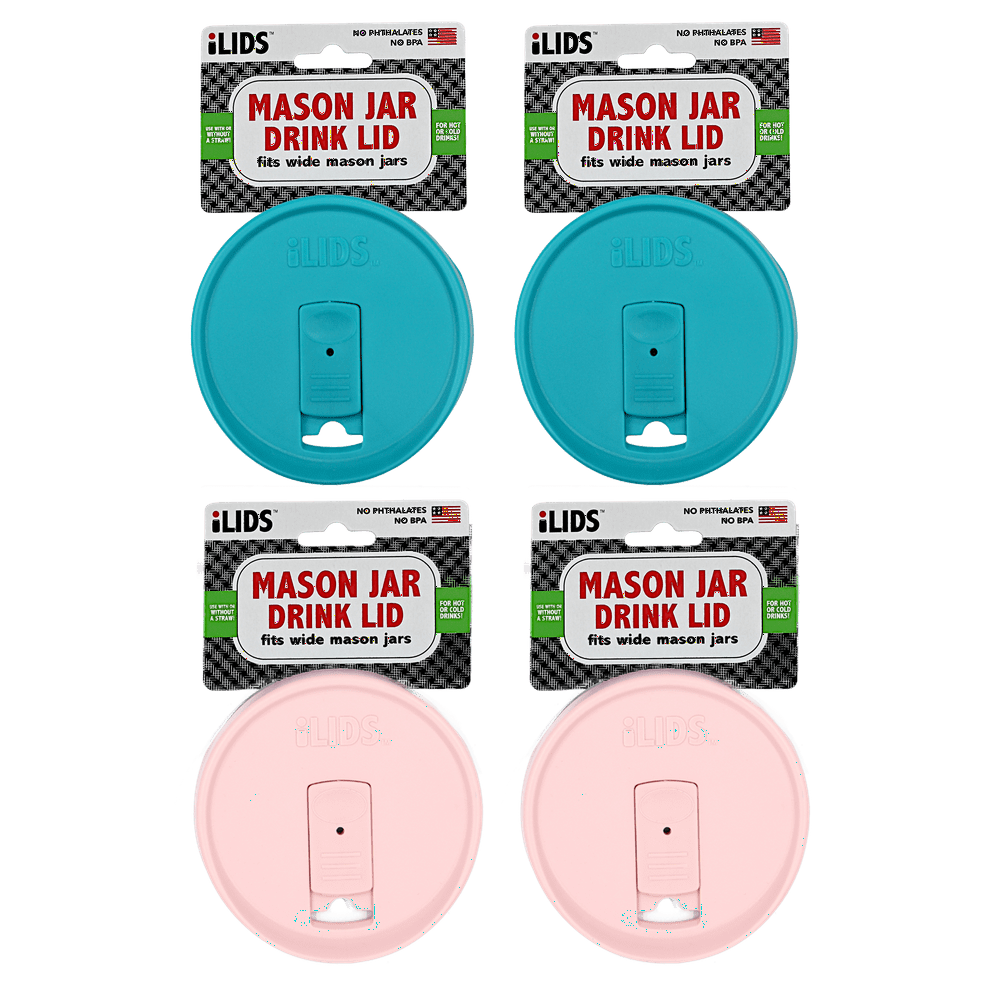 Ilids Mason Jar Drink Lid, Wide Mouth, Pale Pink, Aqua, Pack of 4