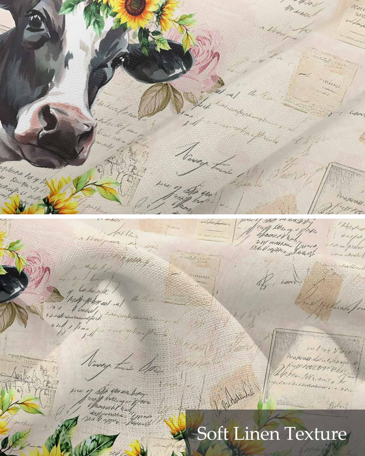 Farmhouse Cow Kitchen Valances for Windows Farmhouse Linen Window Valance Curtain for Living Room Window Treatment Sunflowers Rustic Botanical Animals Valance Rod Pocket Topper Drape, 42 x 12 Inch