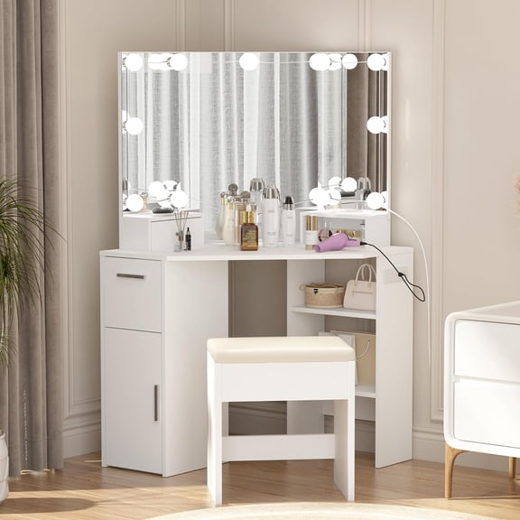 Corner Makeup Vanity Table with Lighted Mirror, Power Outlet, 2 Drawers, Stool, 3 Color Dimmable Lights for Small Spaces,Warm White