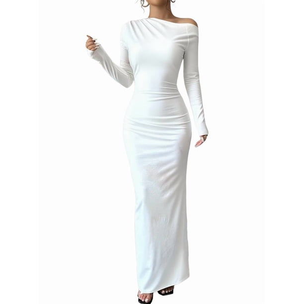 Vestidos Largos Ajustados con Frunces, de Larga y Estampado Floral para Mujer, para Fiesta, Club y Otoño/. Puro S