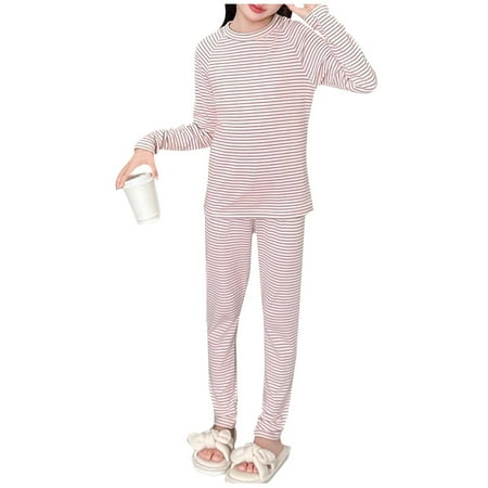 AHTJRT Kids Thermal Underwear Sets Long Sleeve Crewneck Tops and Trousers Outfits Fashion Lounge Striped Color 2 Piece Set Pink#01 9-10 Years AHTJRT Kids Thermal Underwear Sets Long Sleeve Crewneck Tops and Trousers Outfits Fashion Lounge Striped Color 2 Piece Set Pink#01 9-10 Years