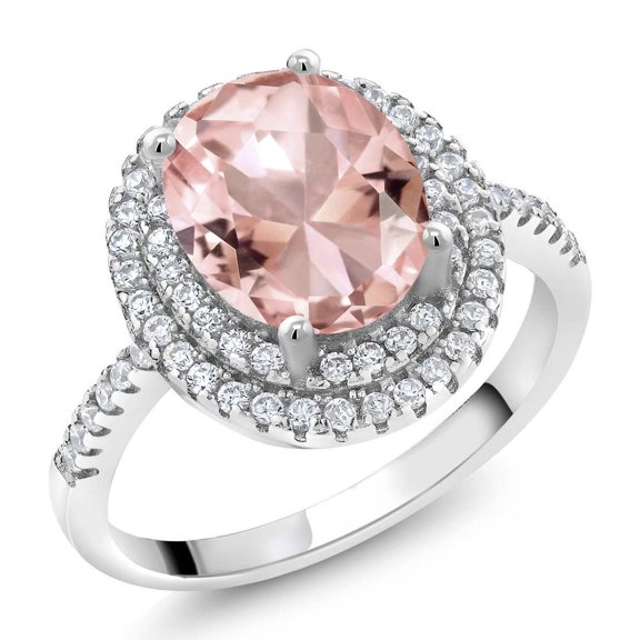 Gem Stone King 925 Sterling Silver Oval Peach Nano Morganite and White Moissanite Women Halo Engagement Ring (2.43 Cttw) | Size 6