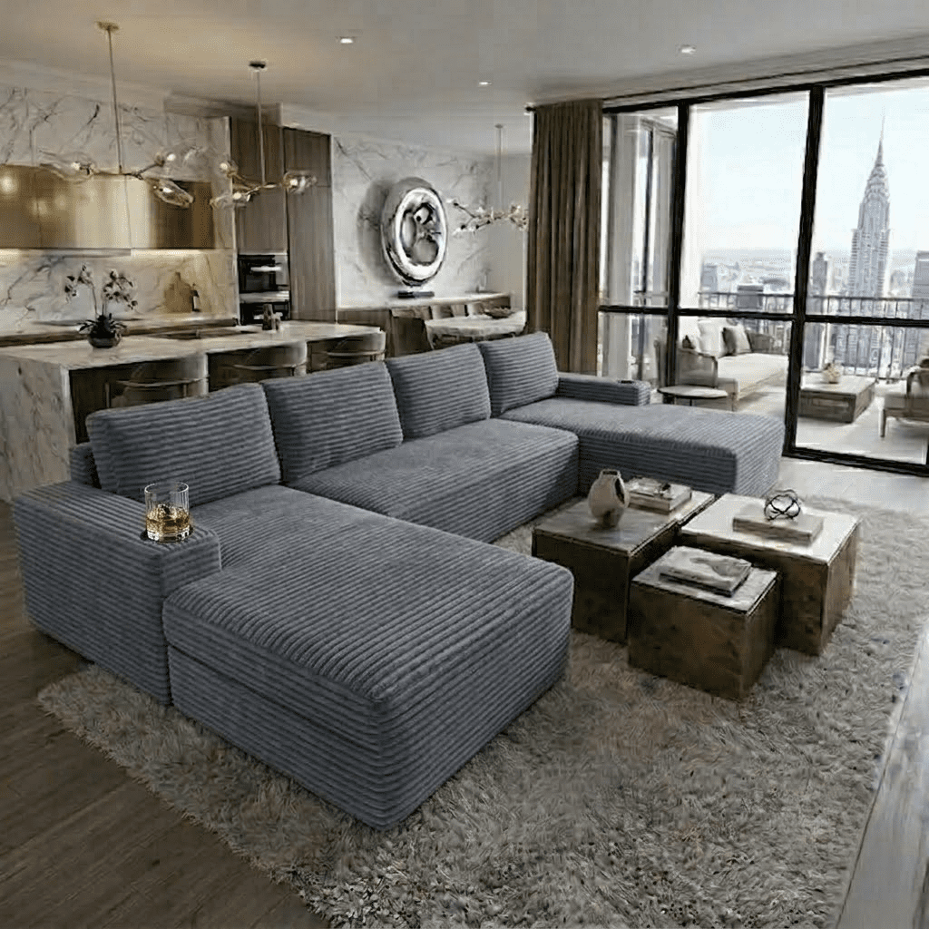 Howcool 133" U-Shaped Modular Cloud Couch Sectional Sofa, Oversized Deep Seat Corduroy Couch with Chaise, Boneless Memory Foam Sofa with Cup Holders & Side Pockets, No Assembly Required, Grey