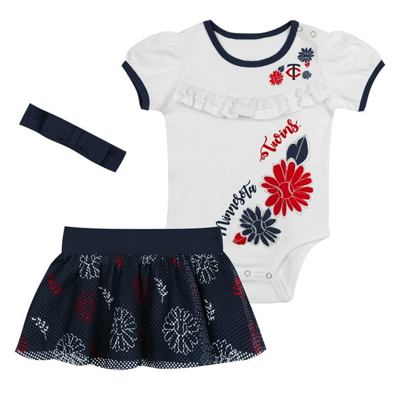 Newborn White/Navy Minnesota Twins Sweet Catcher 3-Piece Bodysuit, Headband and Skirt Set