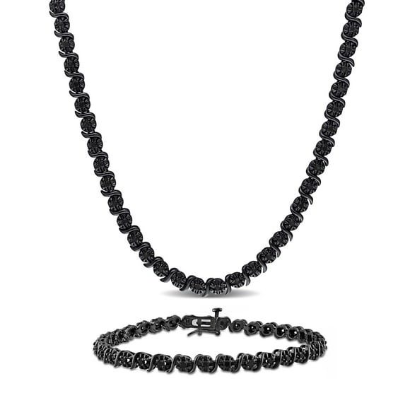 Miabella Women's 1-1/2 Carat T.W. Black Diamond Black Rhodium Plated Sterling Silver Twisted Tennis Necklace and Bracelet Set