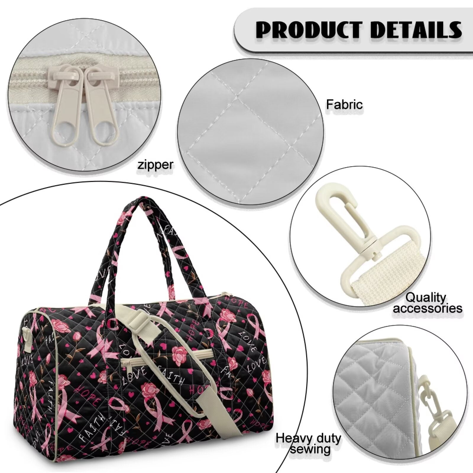 Garronmavis Breast Cancer Awareness Large Quilted Duffle Bag for Women, Pink Ribbon Floral Weekender Travel Bag Carry On Overnight Gym Dance Tote with Luggage Sleeve