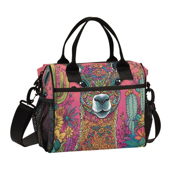 Ckdifva Llama Flowers Cooler Bag Cooler Cooling Tote Lunch Bag Lunch Box Front Pocket with Shoulder Strap