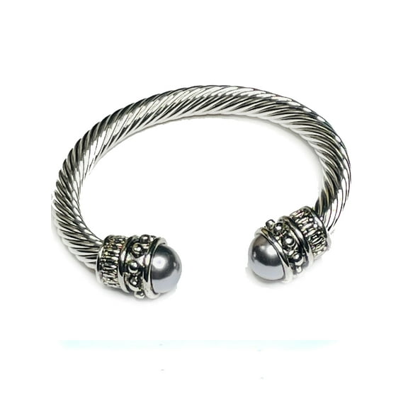 Woke Creations Women's Black Pearl Fashion Jewelry Bangle Bracelet Silver in Gift Box