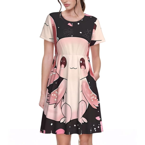 Disketp Cute Axolotl Sakura Blossoms para Vestido de Manga Corta para Mujeres, Vestidos de Verano para Mujeres, Casual y Holgado para la Playa