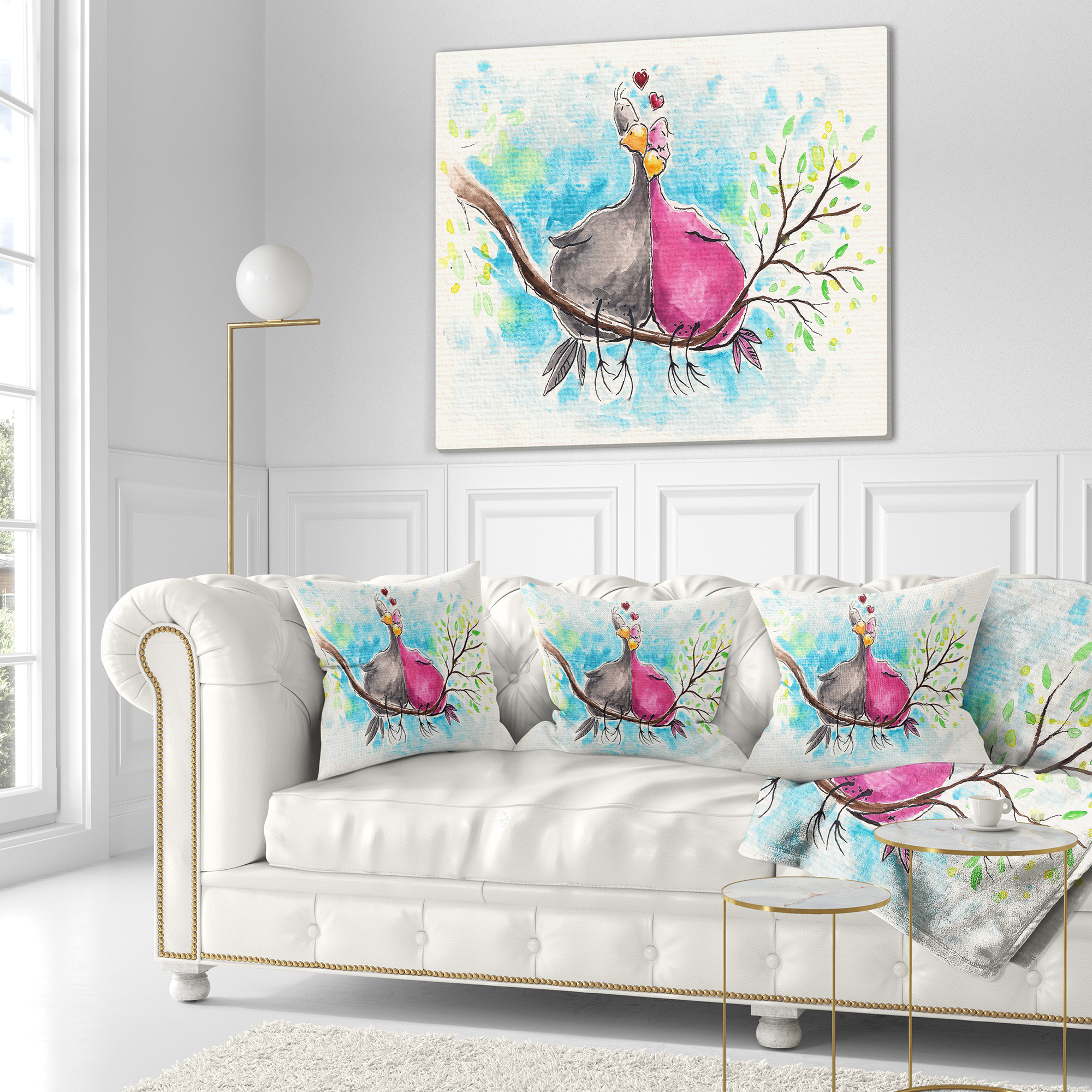 Designart Two Birds in Love on Branch - Abstract Throw Pillow - 16x16
