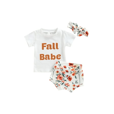 

Suanret Toddler Infants Girl Summer Streetwear Suit Letter Print Short Sleeve Crew Neck T-shirt Flower Pattern Shorts Headband White 6-12 Months