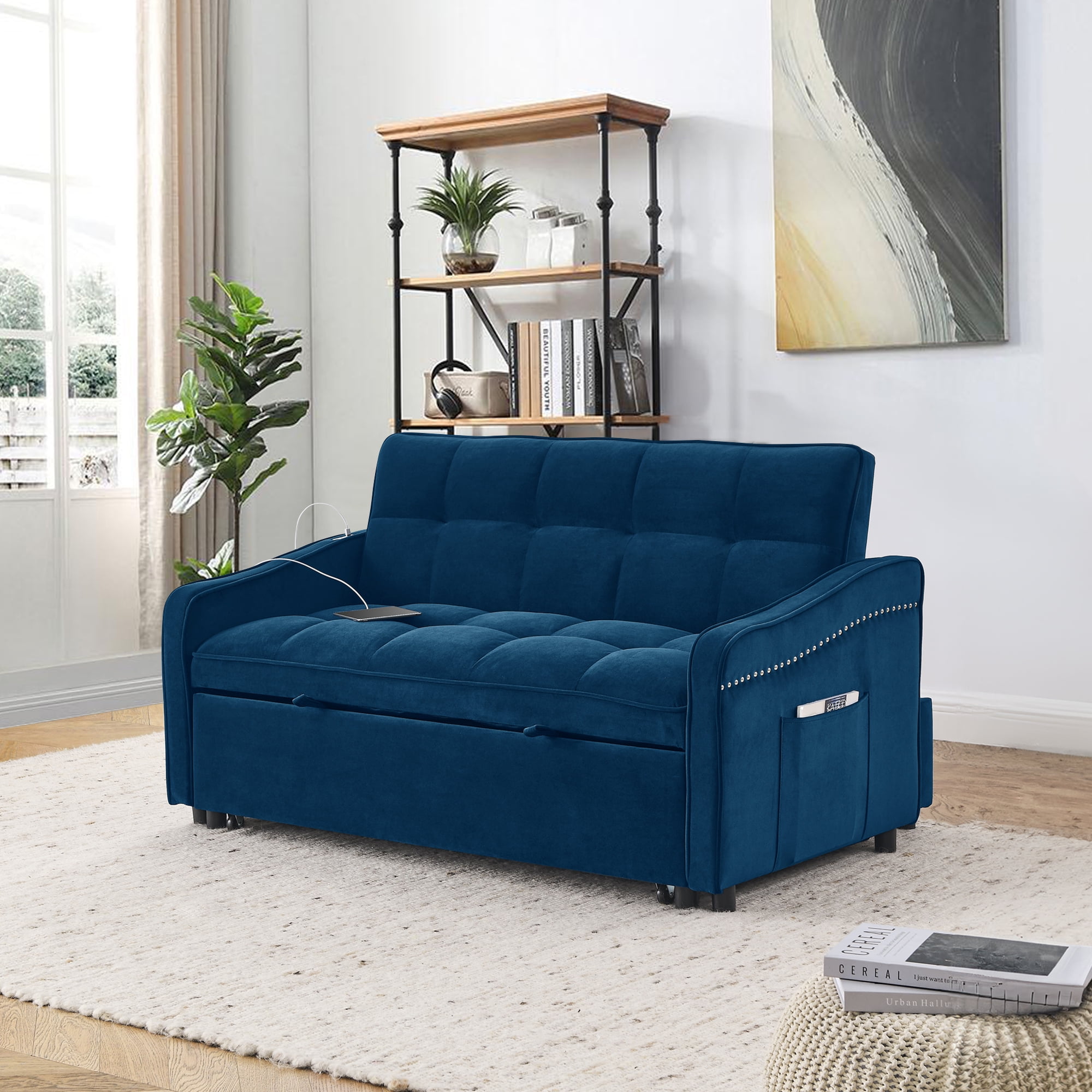 Lunale Pull Out Sofa Bed, Loveseat Sleeper with USB/Type-C, Adjust Back, Convertible Sleeper Sofa for Living Room/Apartment, Blue Velvet
