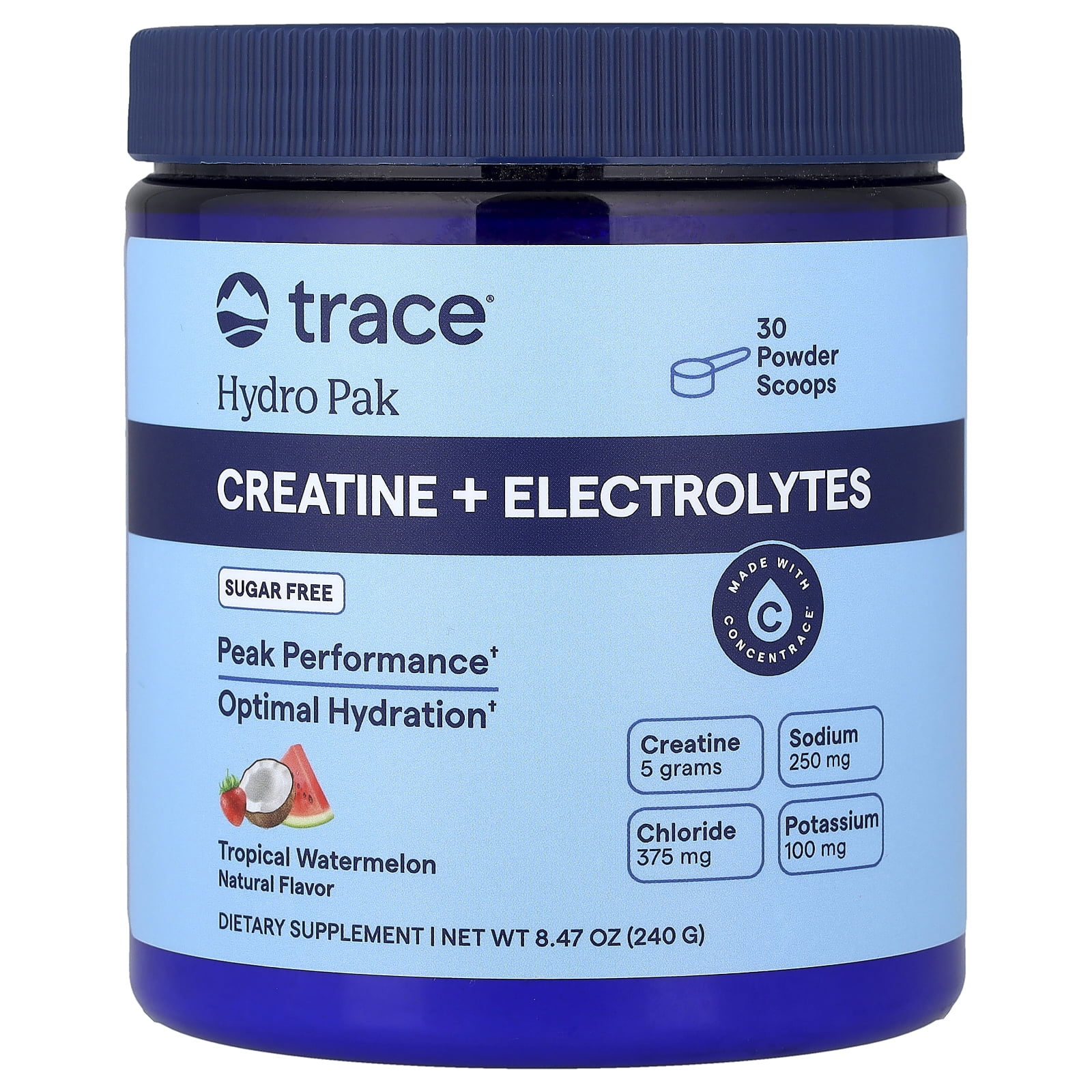Trace Minerals Creatine + Electrolytes, Tropical Watermelon, 30 Servings, 5 g creatine monohydrate per serving, 70+ ionic trace minerals, Supports muscles and brain, Mix 1 scoops with 8-12 oz water