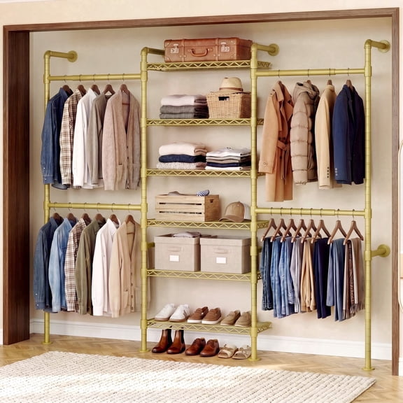 ROGALIS H3 Wall Mounted Clothes Rack, Industrial Pipe Closet Organizers System with 4 Telescopic Rod & 6 Shelves