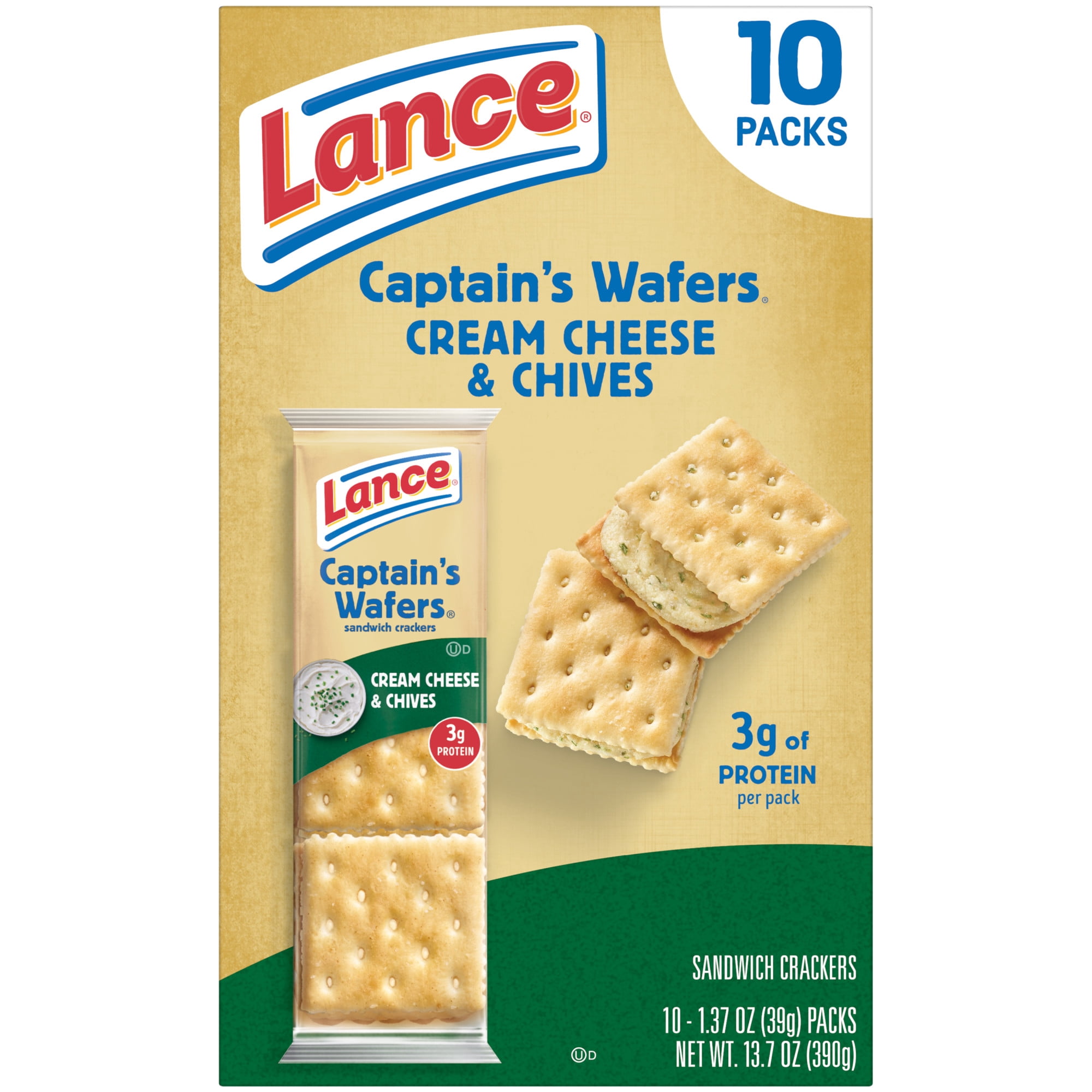 (3 pack) Lance Sandwich Crackers, Captain's Wafers Cream Cheese and Chives, 10 Packs, 6 Sandwiches Each