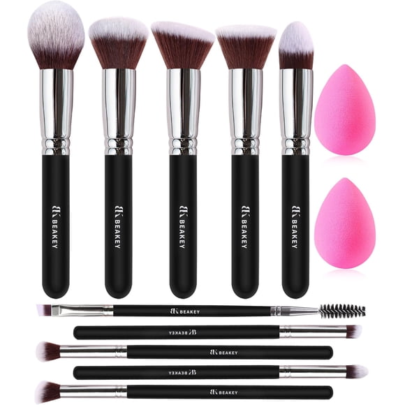 Set de Brochas de Maquillaje BEAKEY Suaves y Delicadas para la Piel 12 Piezas con Esponjas