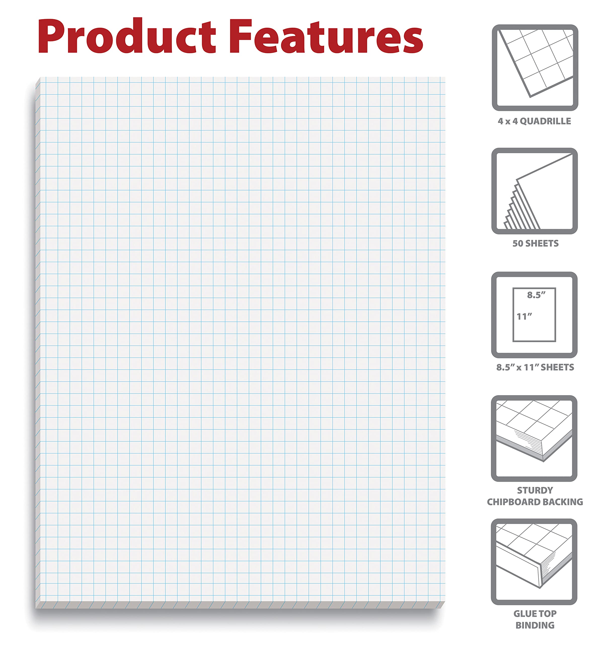 Zaviko Graph Paper Pad 8.5 X 11, 2 Pack – 4x4 Graph Ruled, Grid Paper, 30 Sheets Each, Soft Cover