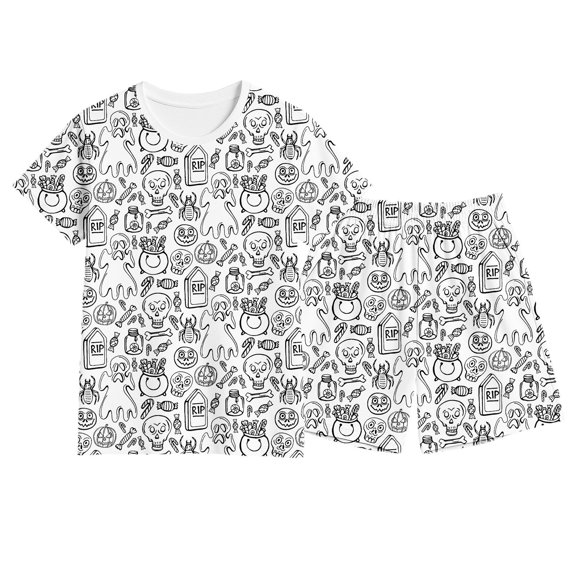 Shadoumai Halloween Two Piece Outfit Boys Girls Kids DIY Doodle Print Shorts Top Loose Soft Fabric Indoor Play Wear Ages 2–12 Kid Casual Drawing Ensemble