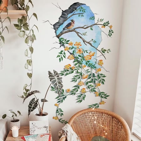 3D Self-Adhesive Removable Break Through Flower Wall Stickers/Murals Art Decals Decorator transparent stickers, DIY Living room Bedroom stickers, wall decals, kitchen wall stickers