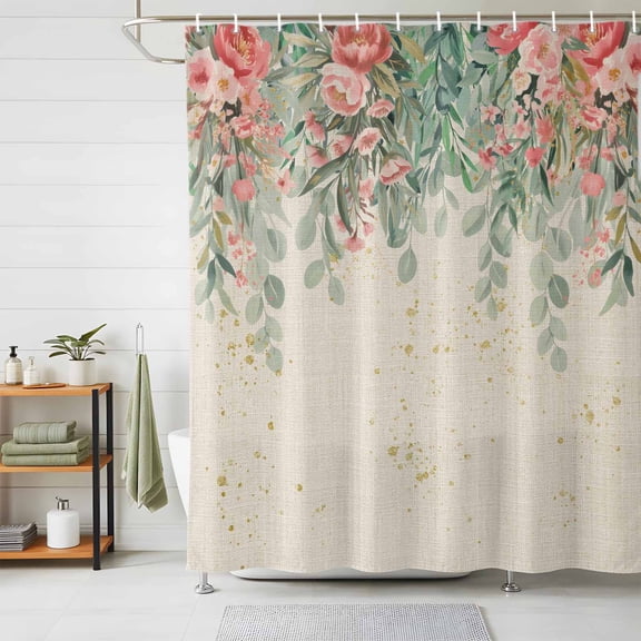 Shower Curtain Pink Rose Green Eucalyptus Leaves Shower Curtains for Bathroom Decor, Waterproof Polyester Shower Curtain Set with Hooks, Extra Long 72" x 84" Linen Texture