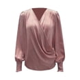 thumbnail image 7 of V Neck T Shirts for Women, Elegant V Neck Balloon Sleeve Solid Color Polyester Shirt, Pink L, 7 of 7