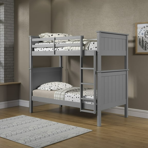Linon Brigitte Kids Wood Twin over Twin Convertible Bunk Bed with Built-in Ladder, Gray