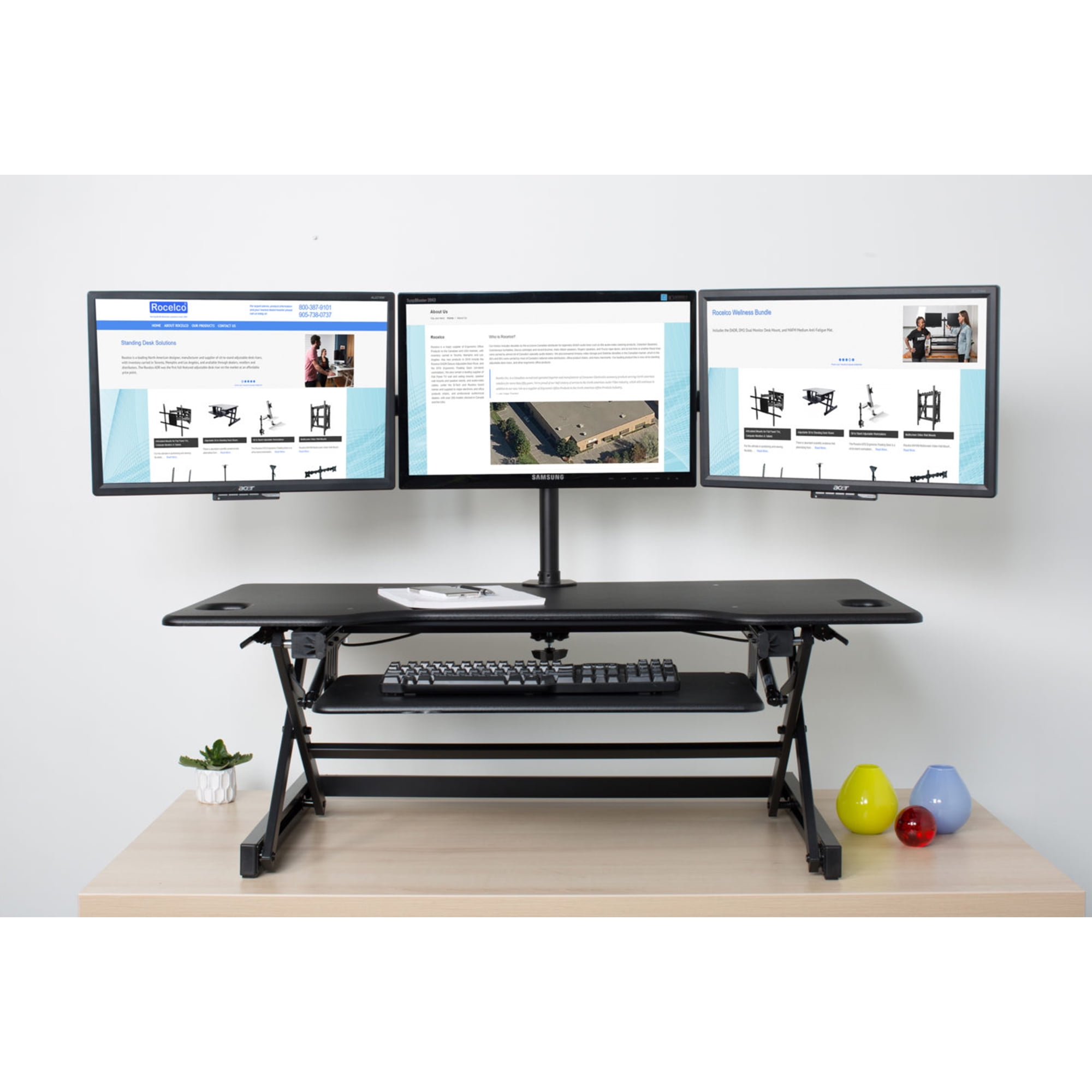 Rocelco 46" Large Height Adjustable Standing Desk Converter | Quick Sit Stand Up Triple Monitor Riser | Gas Spring Assist Computer Workstation | Retractable Keyboard Tray | Black (R DADRB-46)