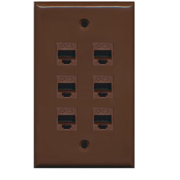 RiteAV 1 Gang 6 Port Cat6 Wall Plate - Brown