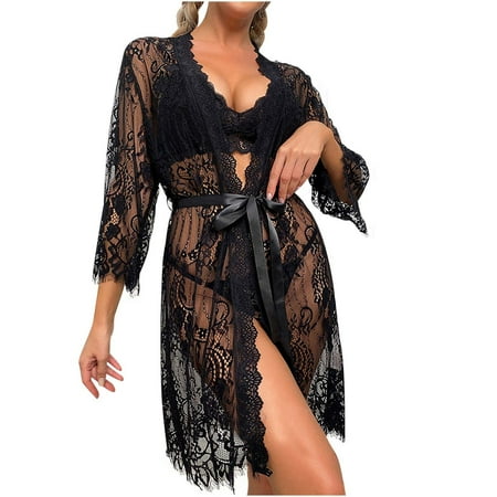 Women s Lace Cardigan Robe Babydoll Lingerie Mesh Nightgown V Neck Sleepwear With 3/4 Sleeve Nightdress