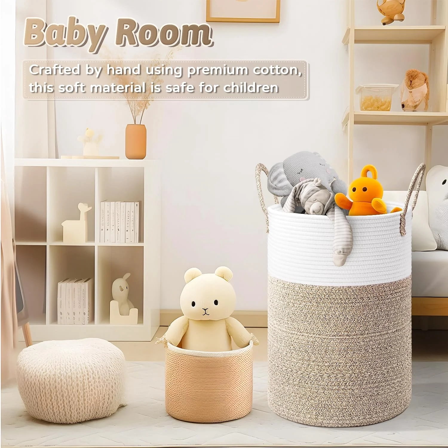TEAFIRST 60L Laundry Hamper, Woven Cotton Rope Large Capacity Laundry Hamper Handles for Bathroom