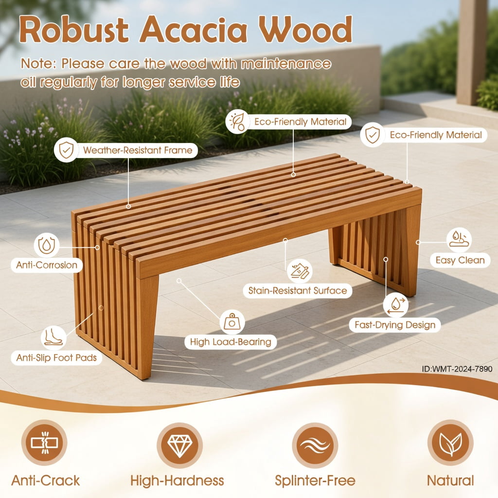 Hommoo 36" Acacia Wood Outdoor Patio Bench, Teak Finish Slatted Loveseat for Backyard, Poolside & Porch, Natural