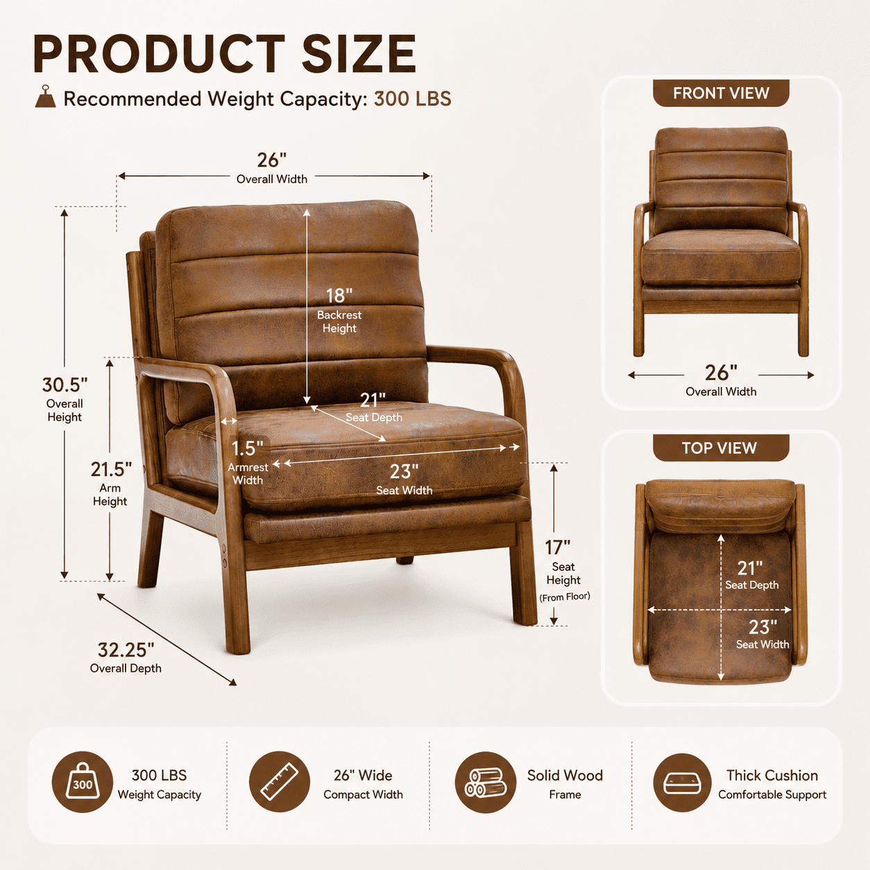 Homy Casa Mid-Century Accent Chair, Upholstered Reading Chair with Wood Frame, Brown