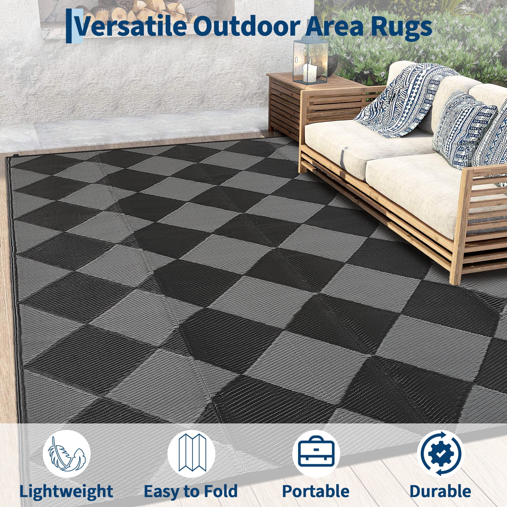 HIWEAVER 9' x 12' Black/Gray Outdoor Rug PP Plastic Straw Woven Waterproof Patio Rug with Border Portable Outside Carpet for Balcony Deck Picnic Garden Decor