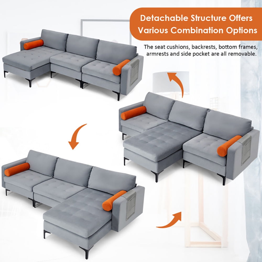 Finihen L-shaped Sectional Sofa Couch, Modular L-shaped 3-Seat Sectional Sofa with Reversible Chaise and 2 USB Ports, for Living Room, Light Gray Finihen L-shaped Sectional Sofa Couch, Modular L-shaped 3-Seat Sectional Sofa with Reversible Chaise and 2 USB Ports, for Living Room, Light Gray