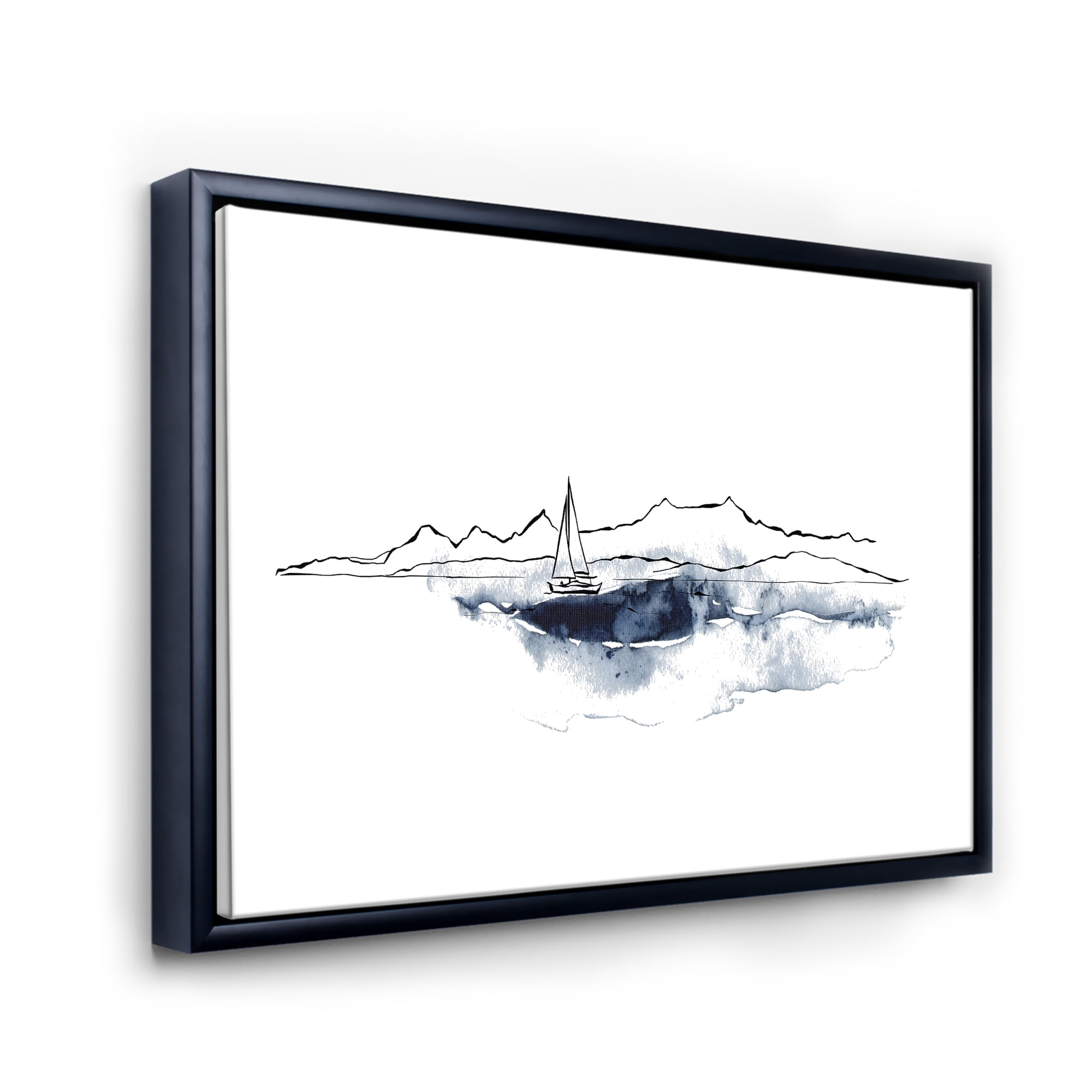 Designart 'Minimalistic Seascape With Boat and Black Mountains' Nautical & Coastal Framed Canvas Wall Art Print