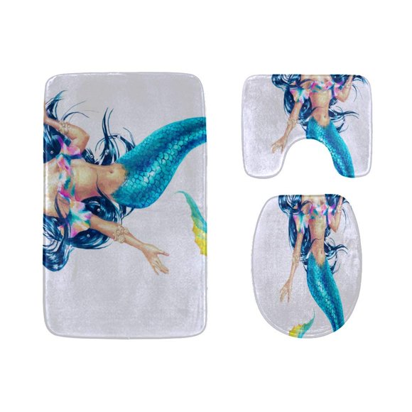 JSDART Beautiful Shining Fantasty Mermaids 3 Piece Bathroom Rugs Set Bath Rug Contour Mat and Toilet Lid Cover