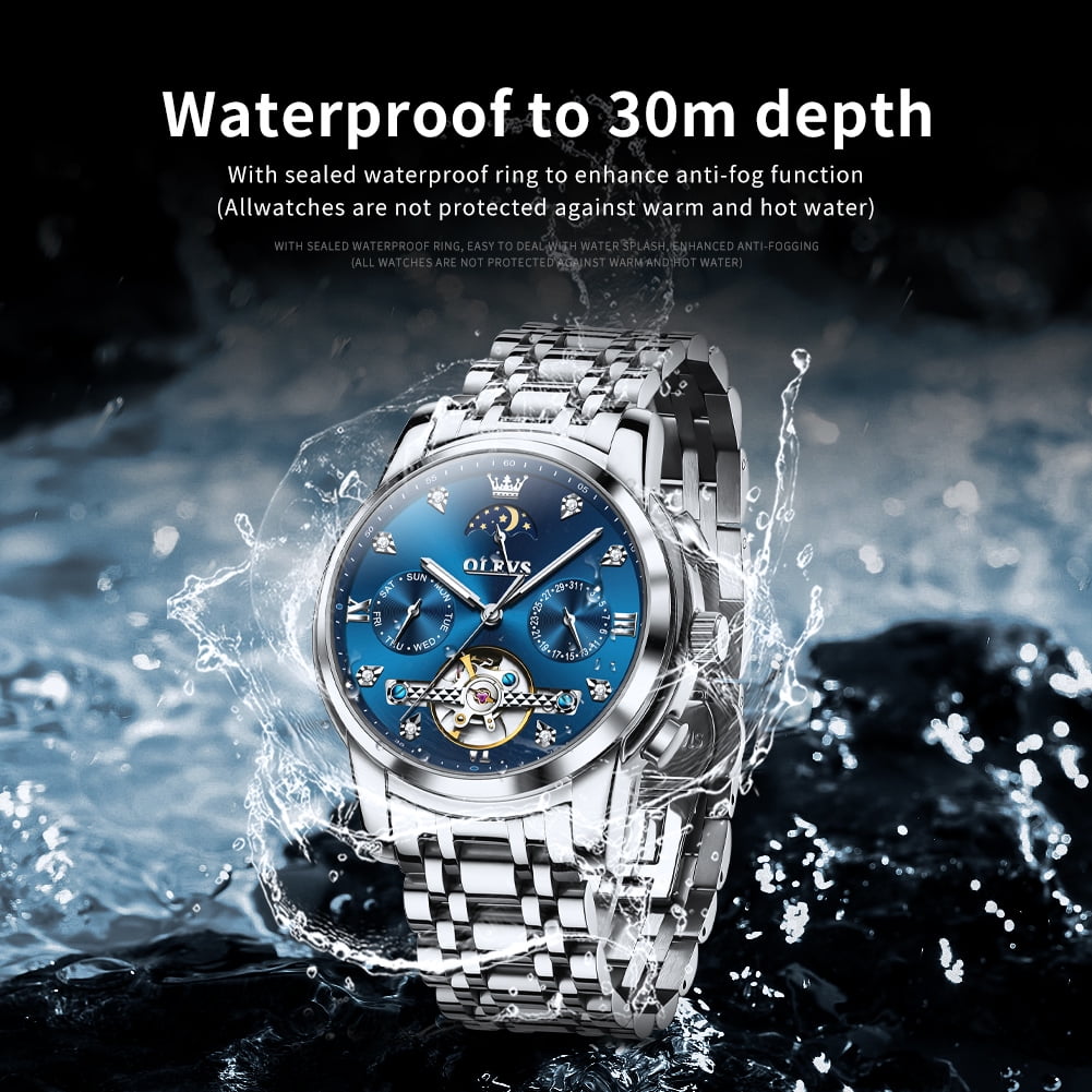 OLEVS Automatic Watches for Men Self Winding Mechanical Skeleton Flywheel Chronograph Luxury Dress Stainless Steel Diamond Moon Phase Waterproof Luminous Mens Wrist Watches Reloj Para Hombre