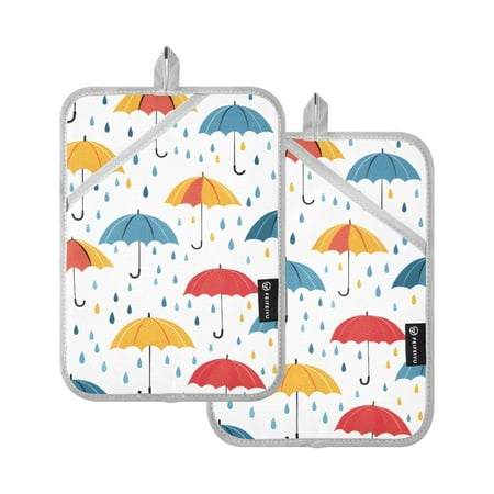 

Colorful Umbrellas and Rain Drops Oven Mitts 2 Pcs Pot Holders Sets Heat Resistant for Kitchen Cooking Baking 7 x9.8