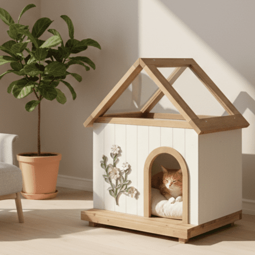 Cedar Cat House with Acrylic Roof Indoor Outdoor Wooden Pet Shelter for Cats & Small Dogs 11–25 lbs Floral Carved Design