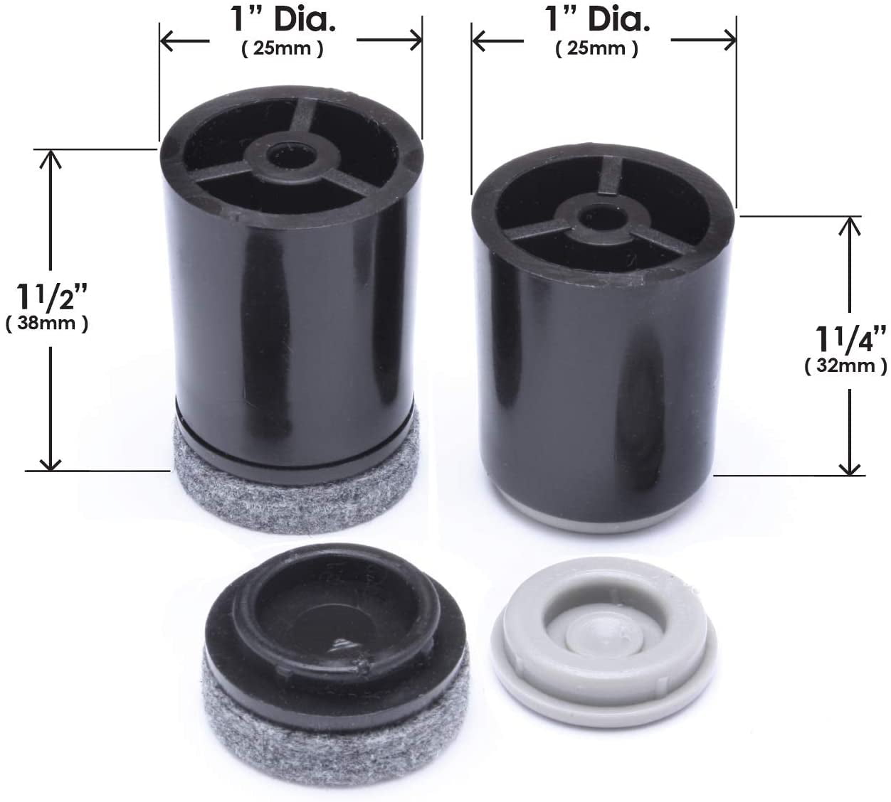 GorillaRisers CB251-8 Screw on Furniture Risers (8 Pack) Floor Protector Slider Legs Raise Chair or Table Height 1-1/4” to 1-1/2", Plastic & Felt Glide Combo, 1 Inch Round, Black