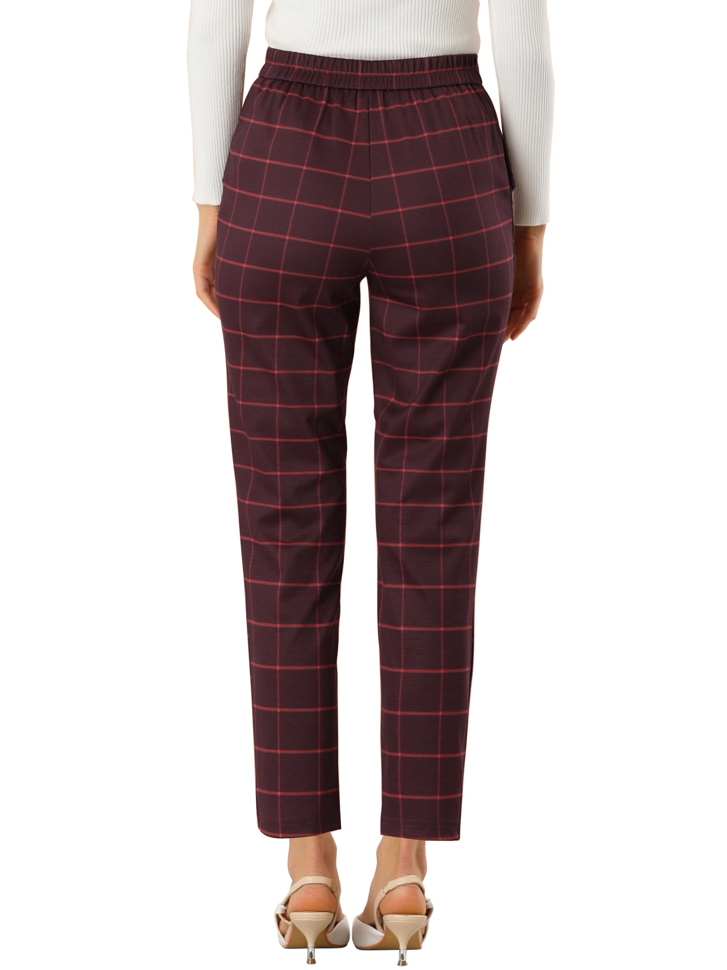 DARING DIVA Women's Tartan Plaid Pants Elastic Waist Straight Trousers XL Burgundy