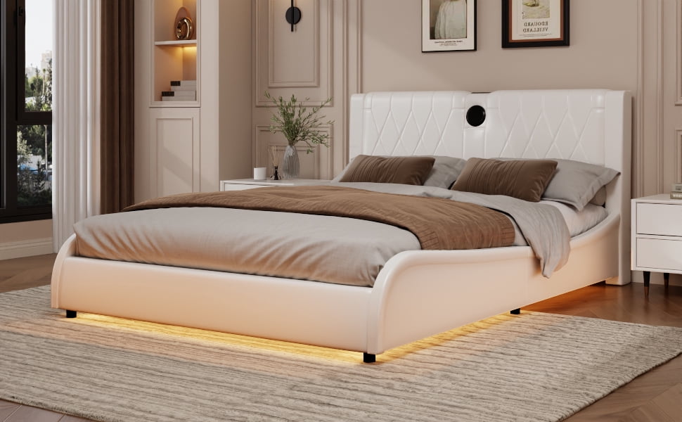 Euroco Faux Leather Upholstered Queen Size Platform Bed with Bluetooth Speakers and RGB LED Light, White