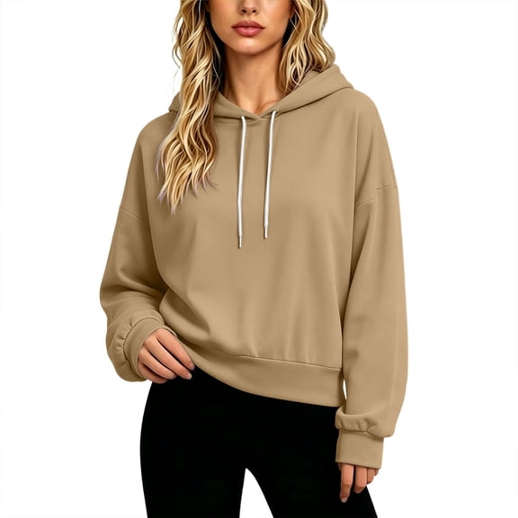 Womens Oversized Boxy Cropped Hoodie Drop Shoulder Top with Contrast Metal Tip Drawstring Balloon Cuffs & Pocket Free Design, Casual Lounge Pullover